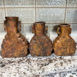 Kokopelli Rustic Brown Clay Pottery 3 Ceramic Vases